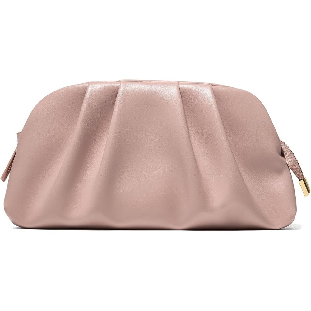 ⚡Women's Soft Pleated Vegan Leather Zipper Closure Evening Light Pink Clutch Bag